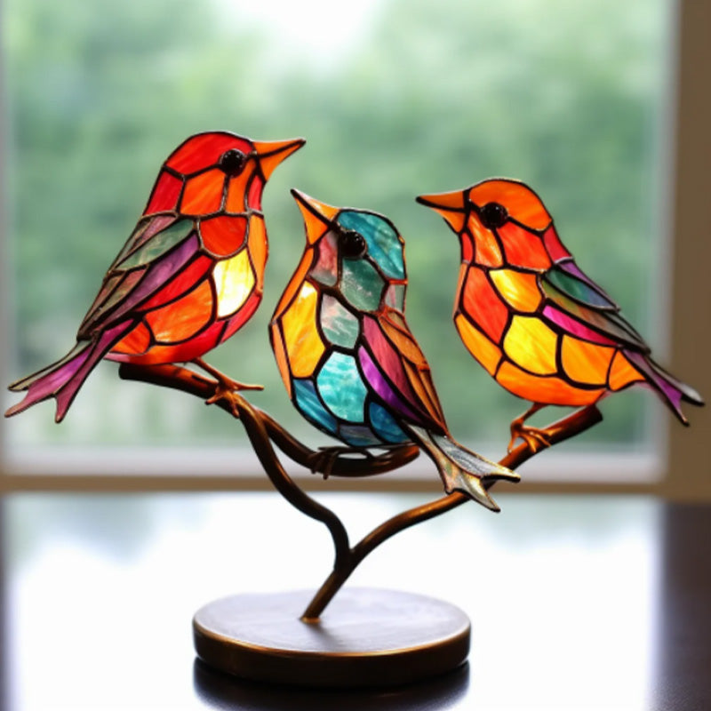 Stained Glass Birds on Branch Desktop Ornaments