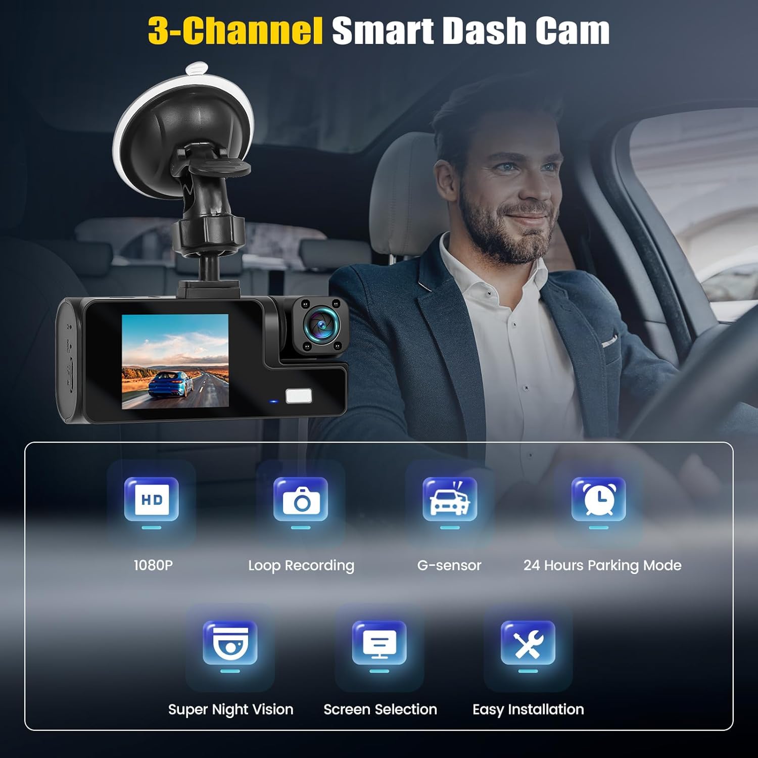 🚘3 Channel Dash Cam Front and Rear Inside