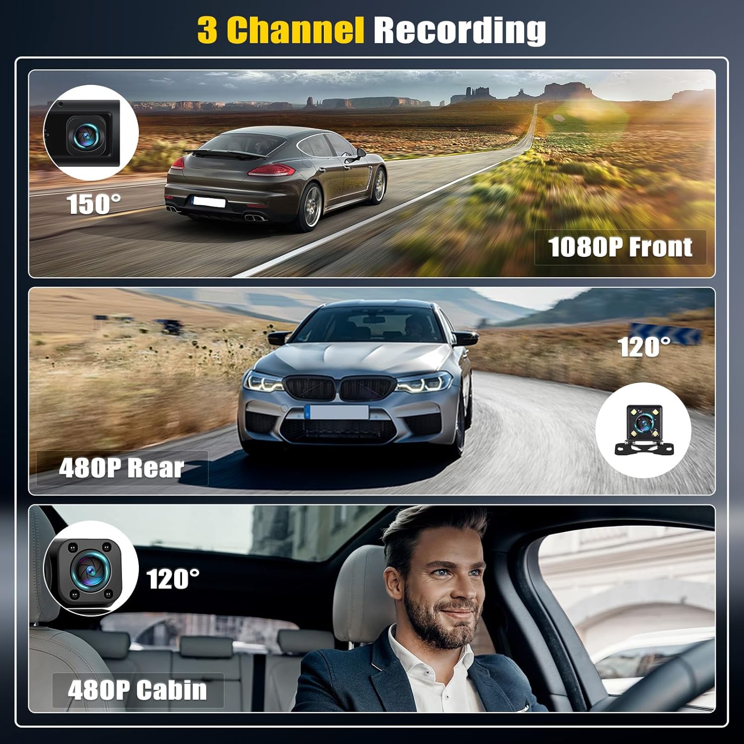 🚘3 Channel Dash Cam Front and Rear Inside