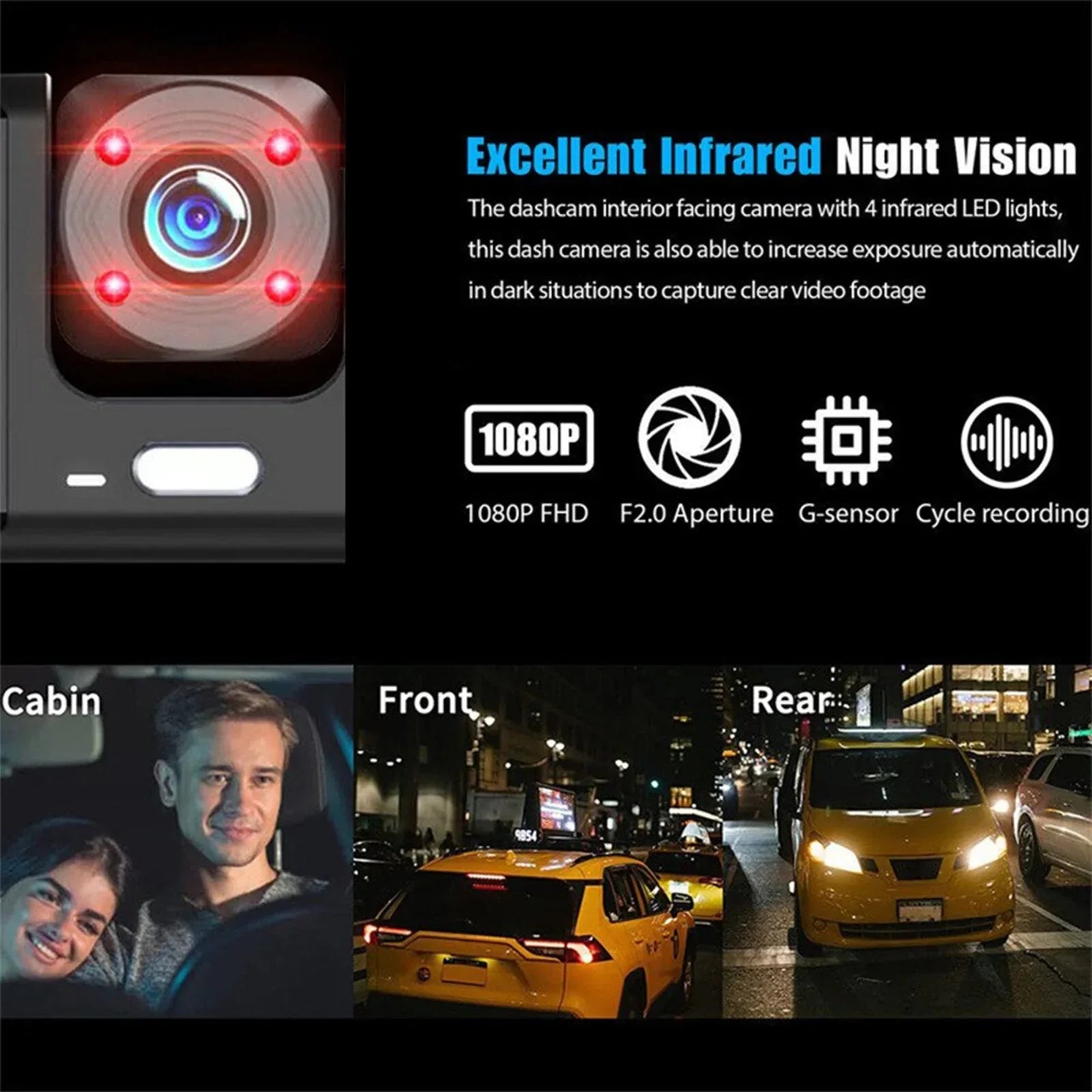 3 Channel Dash Cam Front and Rear Inside