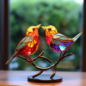 Stained Glass Birds on Branch Desktop Ornaments