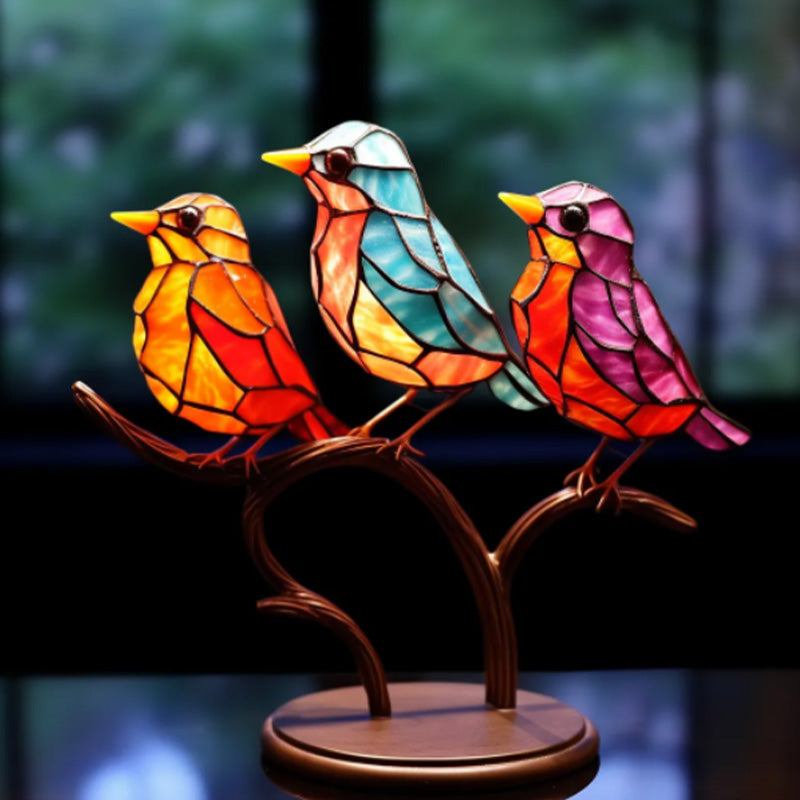 Stained Glass Birds on Branch Desktop Ornaments