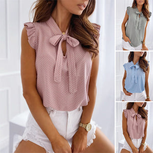 Polka Dot Bow Collar Sleeveless Blouse