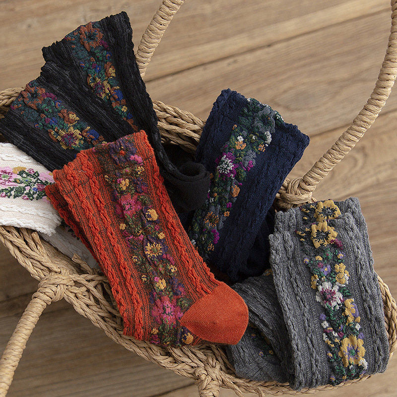 Vintage Floral Style Cotton Crew Socks