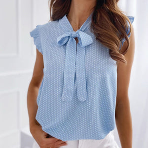 Polka Dot Bow Collar Sleeveless Blouse