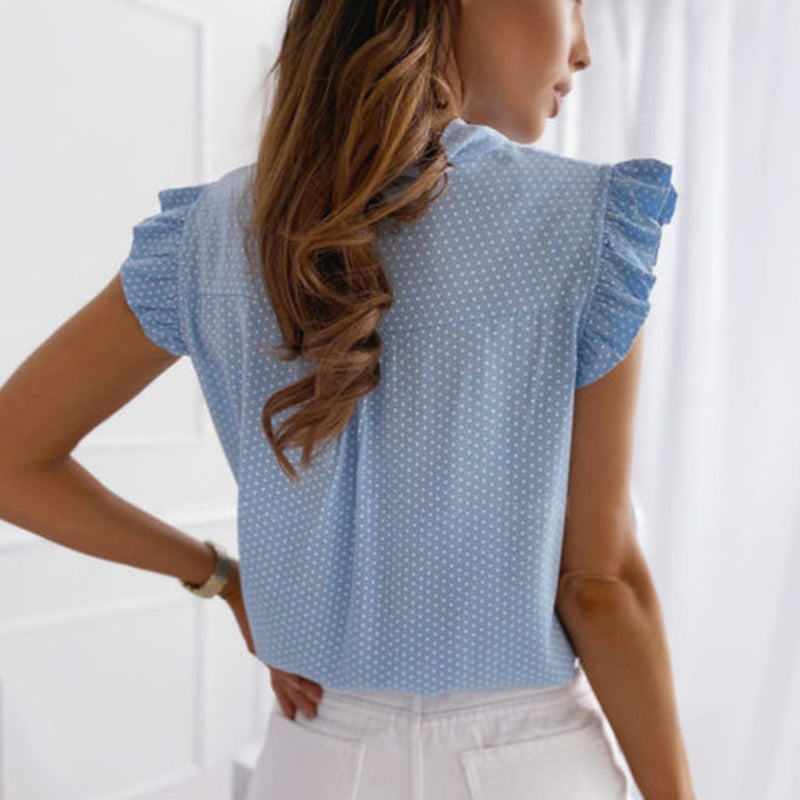 Polka Dot Bow Collar Sleeveless Blouse