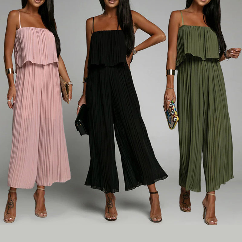 Spaghetti Strap Ruffle Hem Pleated Wide Leg Jumpsuit