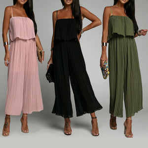Spaghetti Strap Ruffle Hem Pleated Wide Leg Jumpsuit