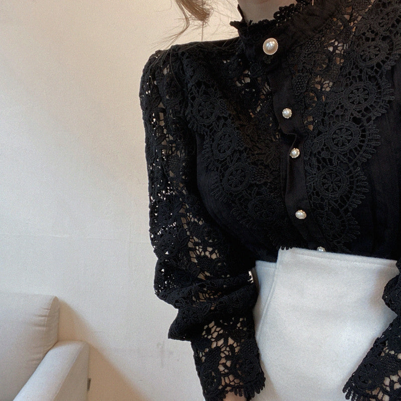 Hollow-Designed Floral High-Neck Blouse