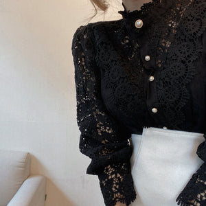 Hollow-Designed Floral High-Neck Blouse