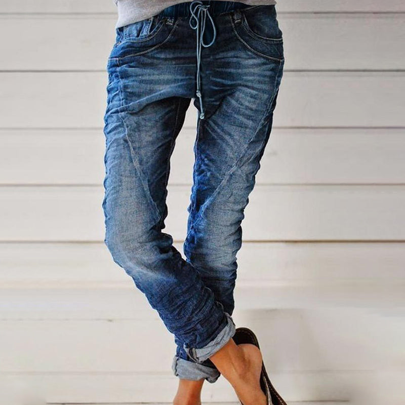 Ripped Drawstring Elasticated Waist Washed Jeans