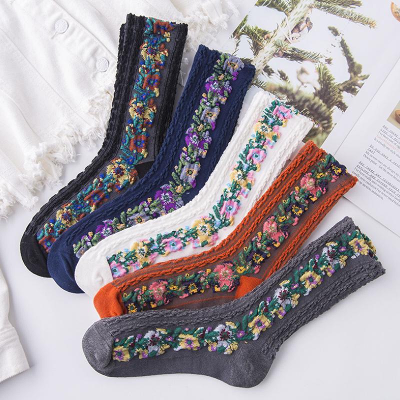 Vintage Floral Style Cotton Crew Socks