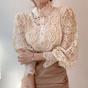 Hollow-Designed Floral High-Neck Blouse