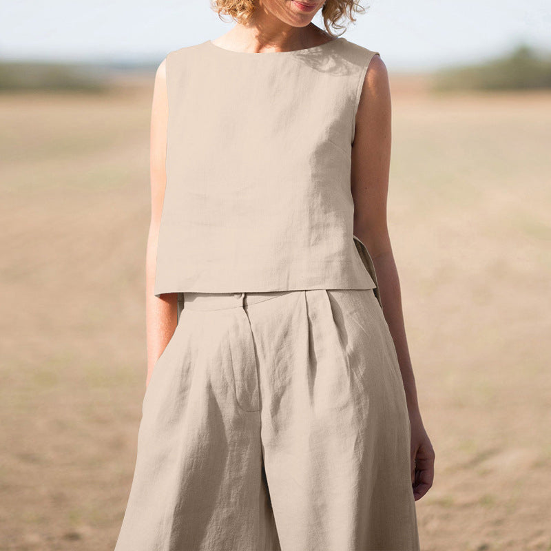 Solid Cotton Linen Casual Sleeveless Loose Suit