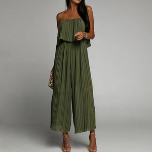Spaghetti Strap Ruffle Hem Pleated Wide Leg Jumpsuit