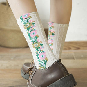 Vintage Floral Style Cotton Crew Socks