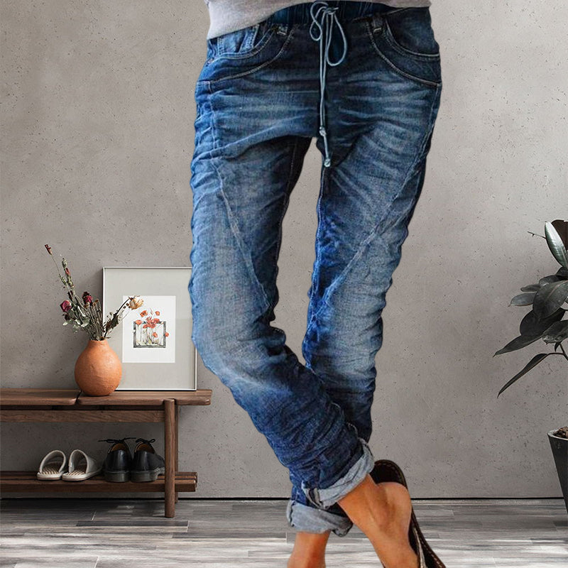 Ripped Drawstring Elasticated Waist Washed Jeans