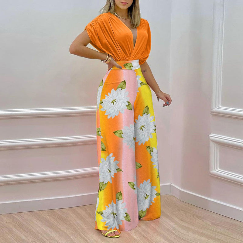 Solid Shirt & Floral Print Loose Pants Set