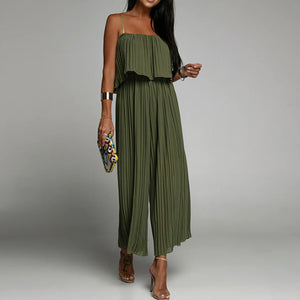 Spaghetti Strap Ruffle Hem Pleated Wide Leg Jumpsuit