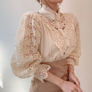 Hollow-Designed Floral High-Neck Blouse
