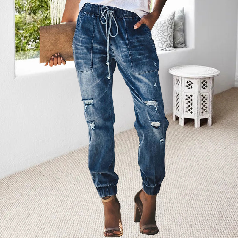 Comfortable Ripped Drawstring Jeans