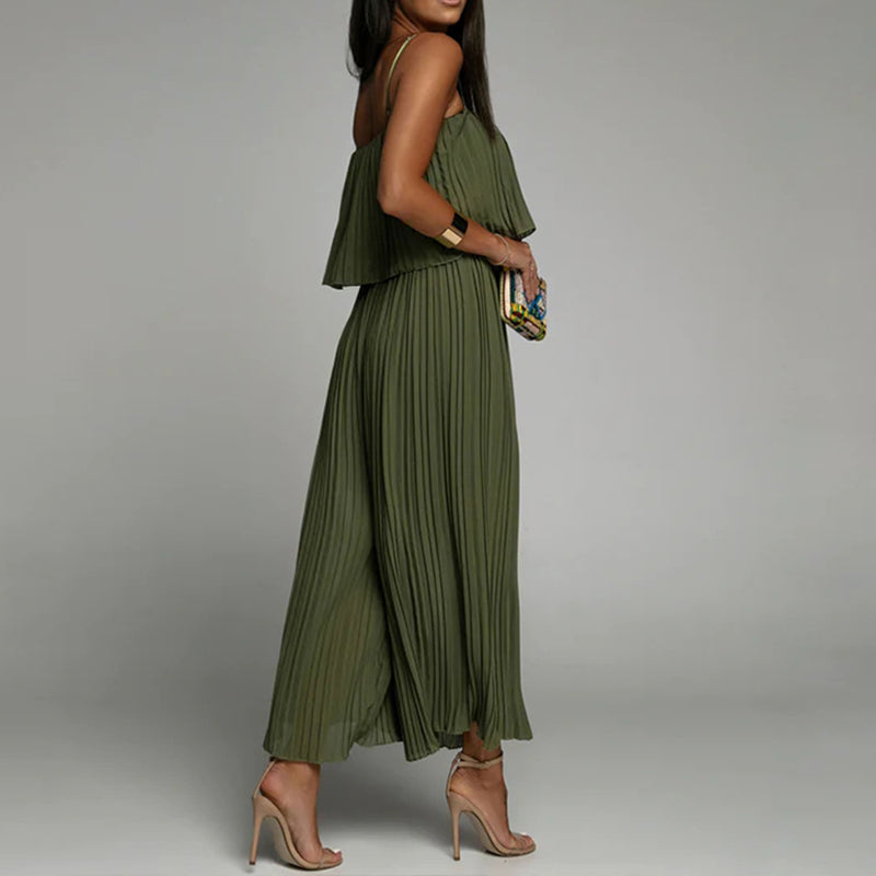 Spaghetti Strap Ruffle Hem Pleated Wide Leg Jumpsuit