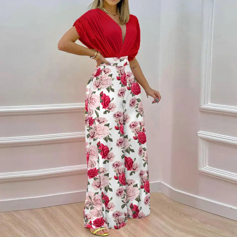 Solid Shirt & Floral Print Loose Pants Set