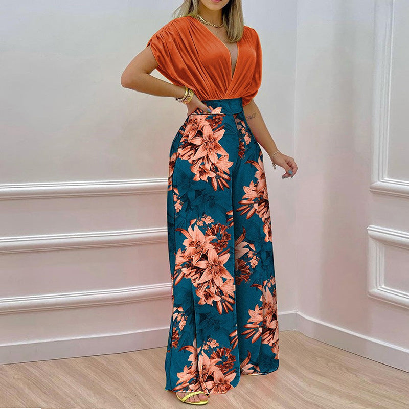 Solid Shirt & Floral Print Loose Pants Set