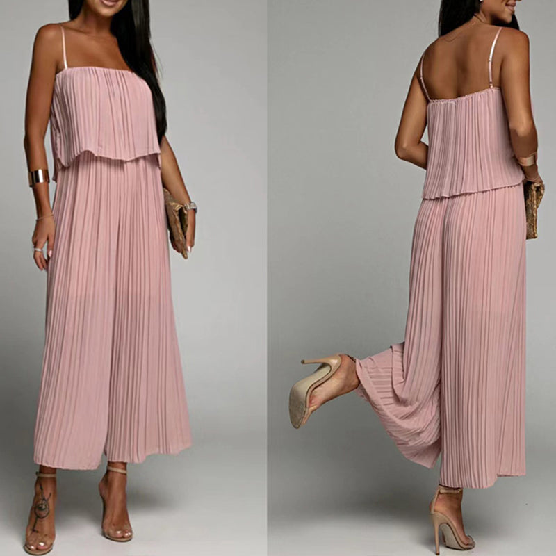 Spaghetti Strap Ruffle Hem Pleated Wide Leg Jumpsuit