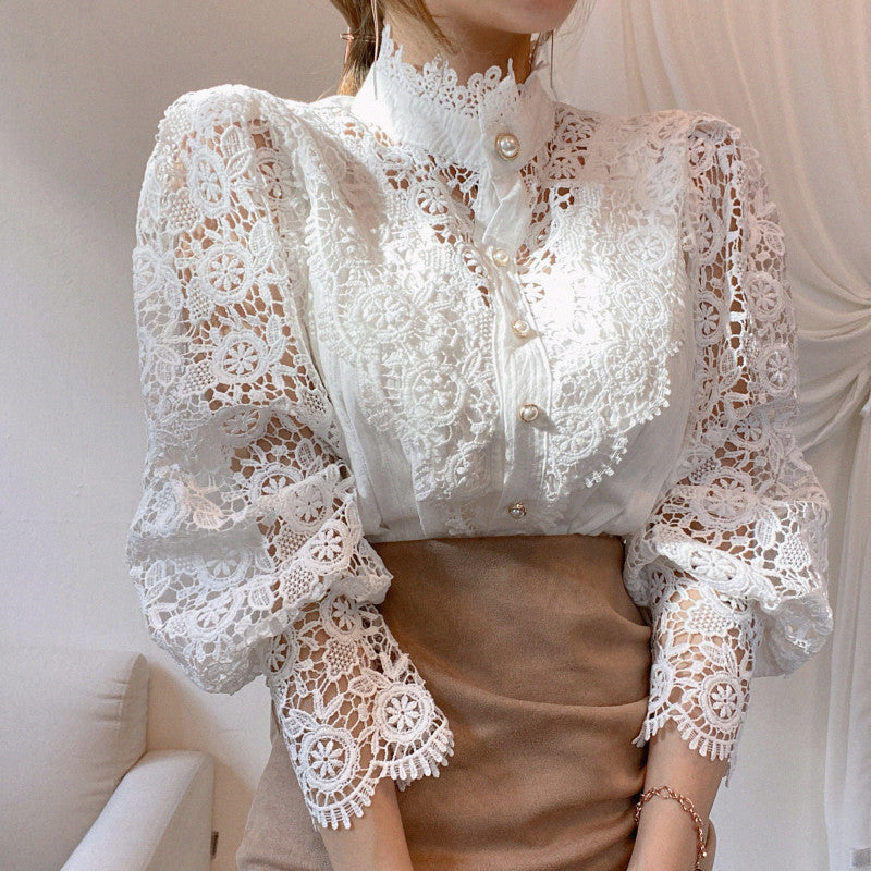 Hollow-Designed Floral High-Neck Blouse