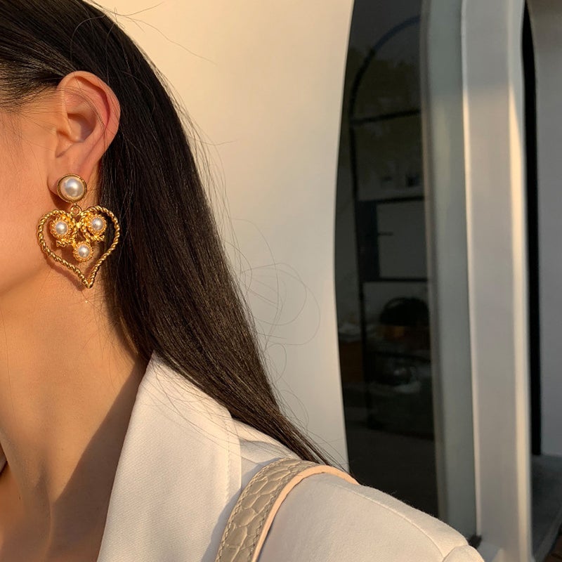 Pearl Heart Hoop Dangle Earrings