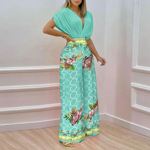 Solid Shirt & Floral Print Loose Pants Set