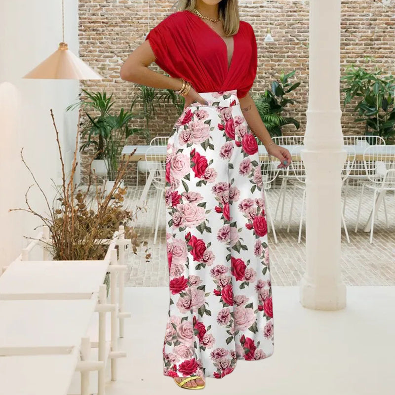 Solid Shirt & Floral Print Loose Pants Set