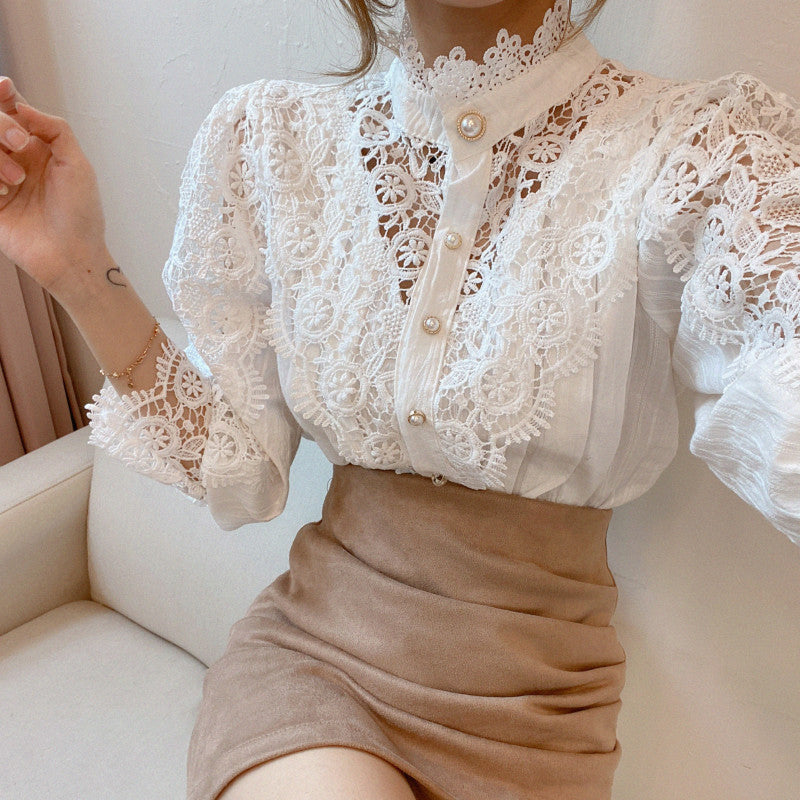 Hollow-Designed Floral High-Neck Blouse