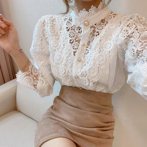 Hollow-Designed Floral High-Neck Blouse