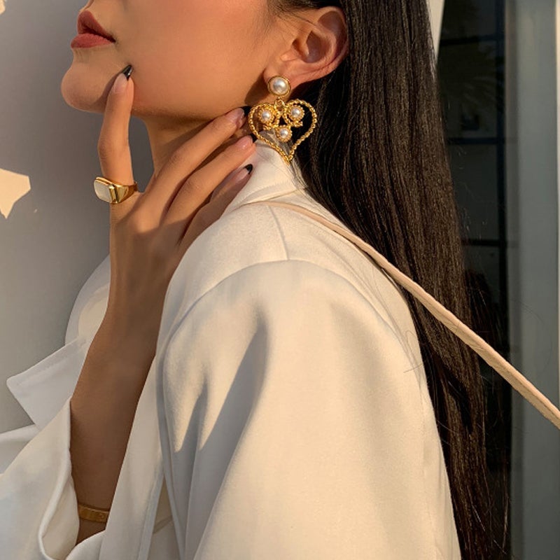 Pearl Heart Hoop Dangle Earrings