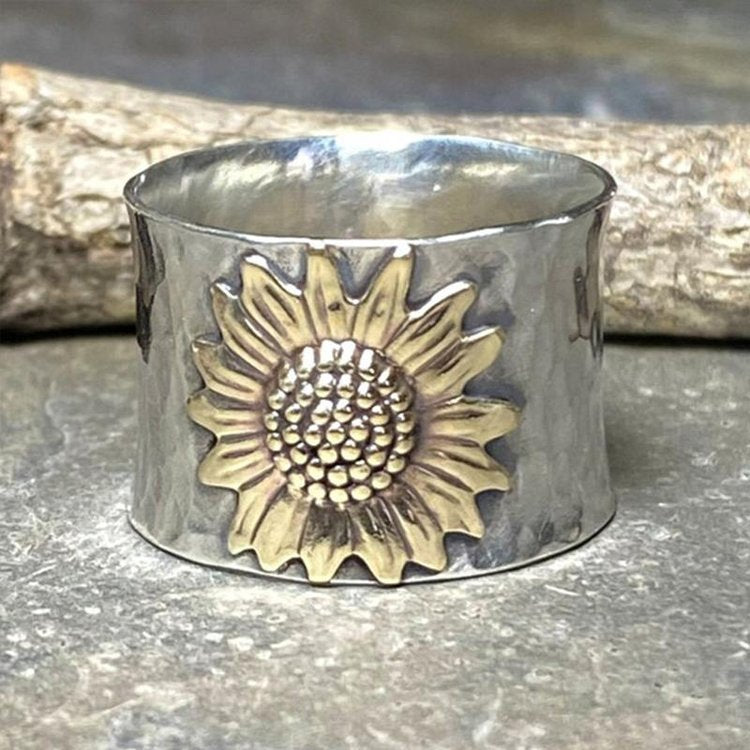 Golden Sunflower Wide Band Ring
