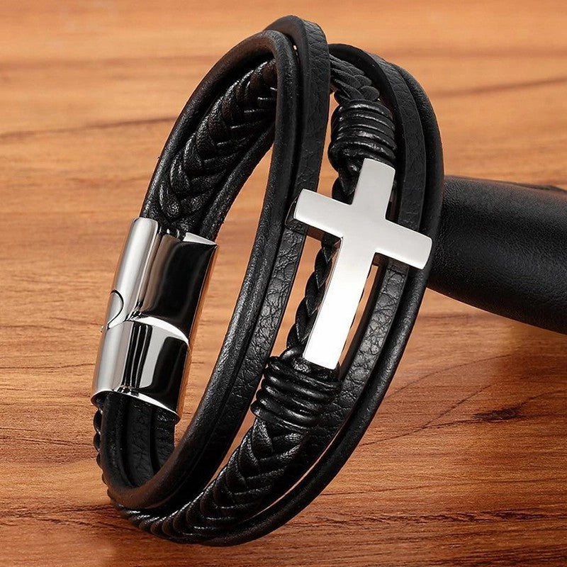 Cross Style Multi-Layer Leather Bracelet