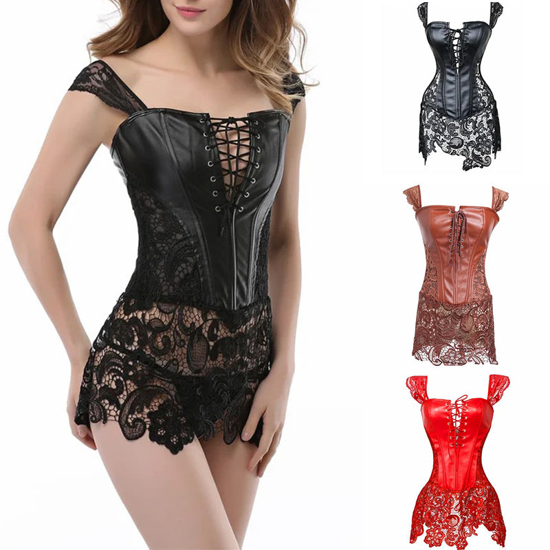 Sexy Gothic Court Black Leather Lace Corset