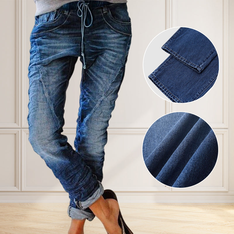 Ripped Drawstring Elasticated Waist Washed Jeans