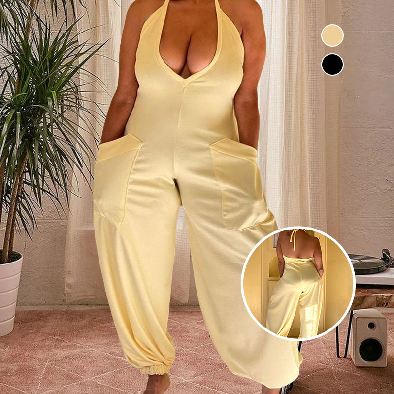 Dual Pocket Tie Back Halter Jumpsuit