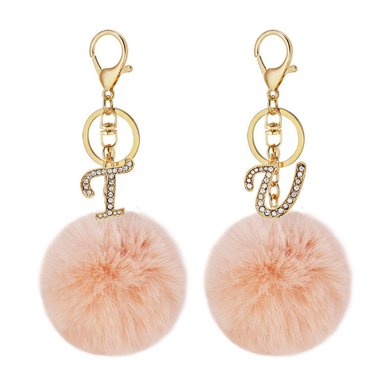 Pink Wool Ball Pendant Diamond Letter Keychain