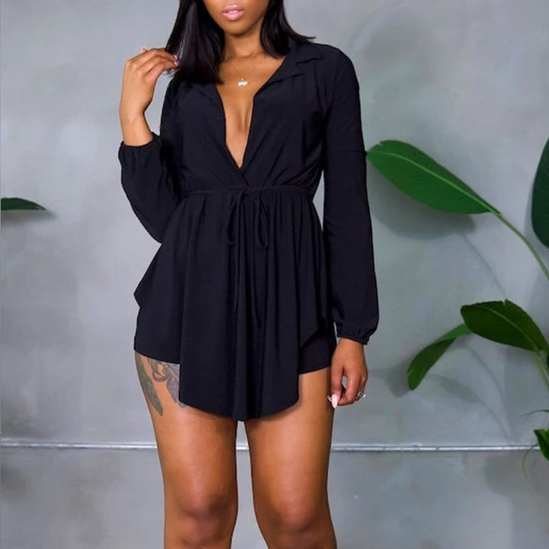 Solid Overlap Belted Asymmetrical Hem Top & Shorts Set