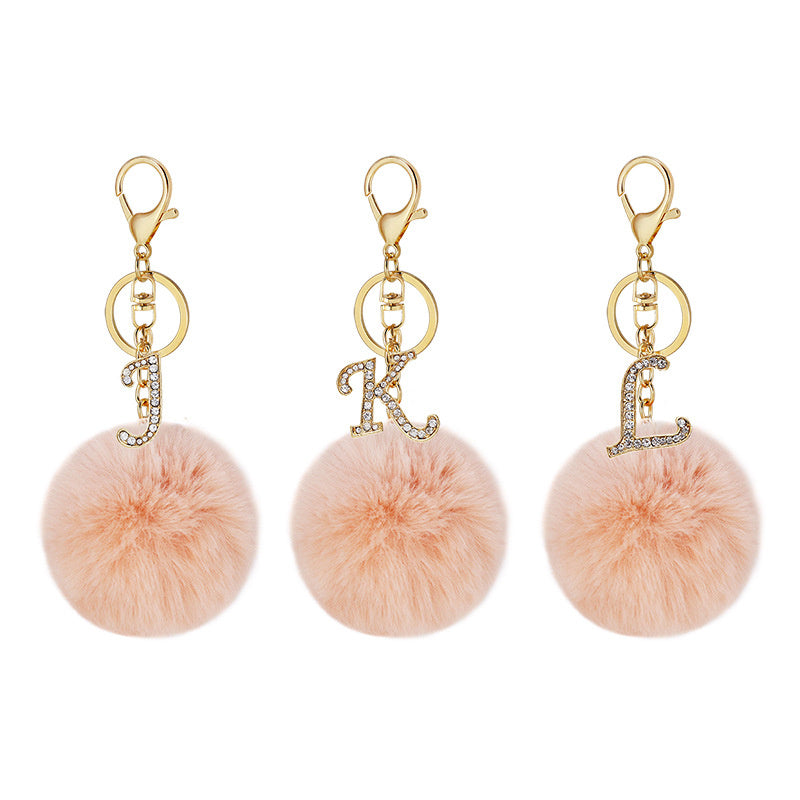 Pink Wool Ball Pendant Diamond Letter Keychain