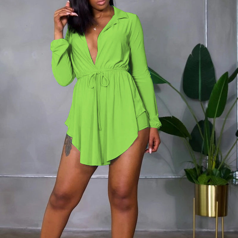 Solid Overlap Belted Asymmetrical Hem Top & Shorts Set