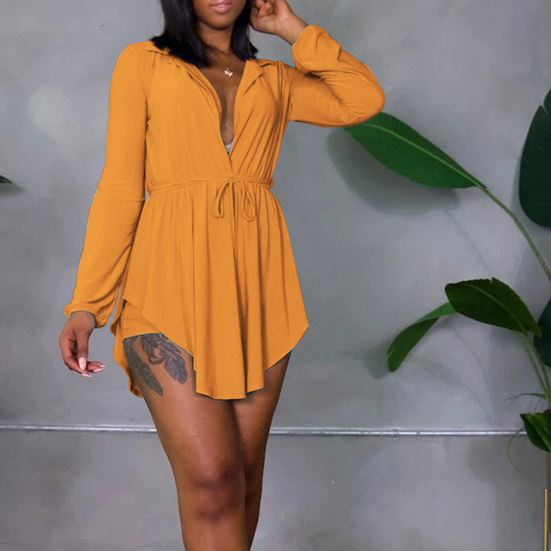 Solid Overlap Belted Asymmetrical Hem Top & Shorts Set