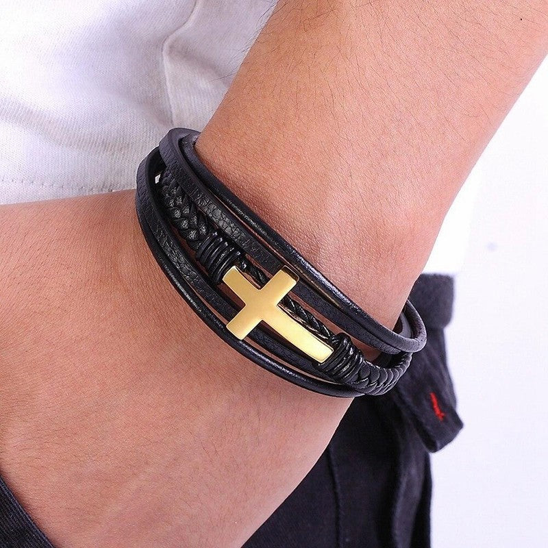Cross Style Multi-Layer Leather Bracelet